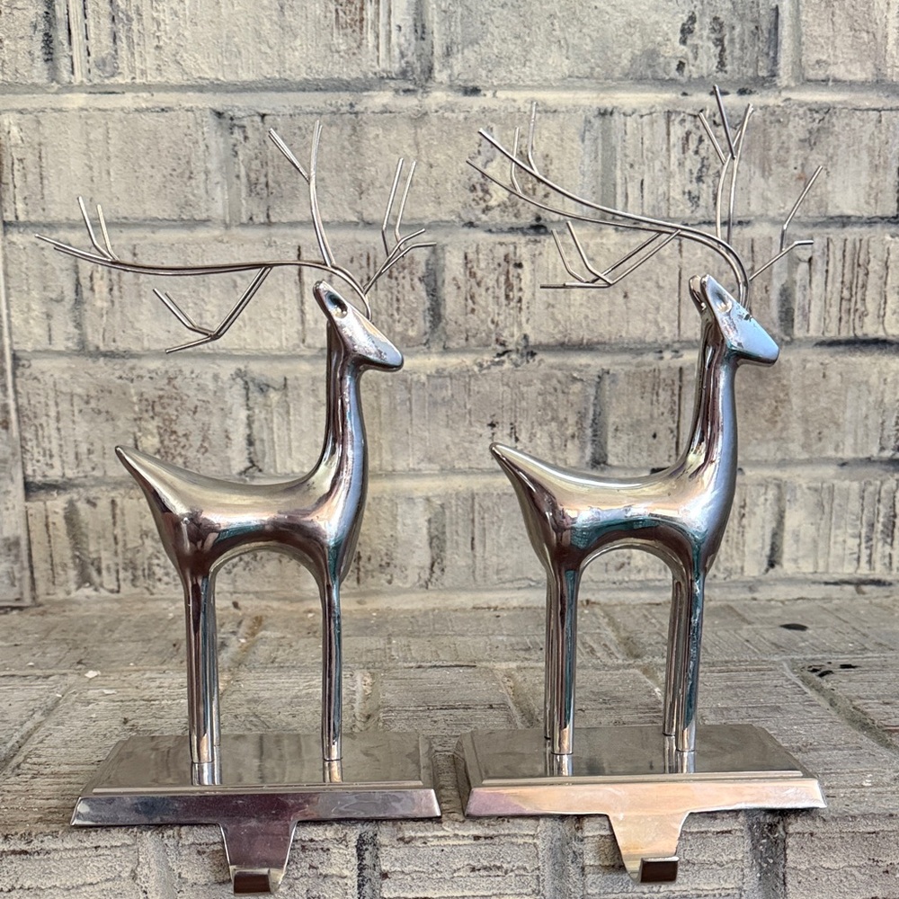 🦌 Sterling Silver Reindeer Stocking Holders - set beautiful sturdy for mantle